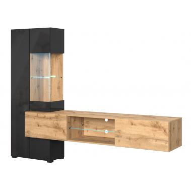 Стенка для гостиной Поинт с подсветкой, дуб вотан/чёрный глянец 2100x400x1600 мм.